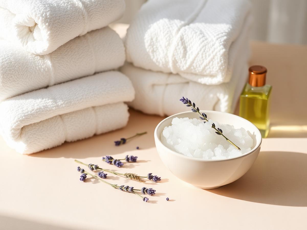 Handdoeken, zoutscrub en lavendel voor de spabehandeling